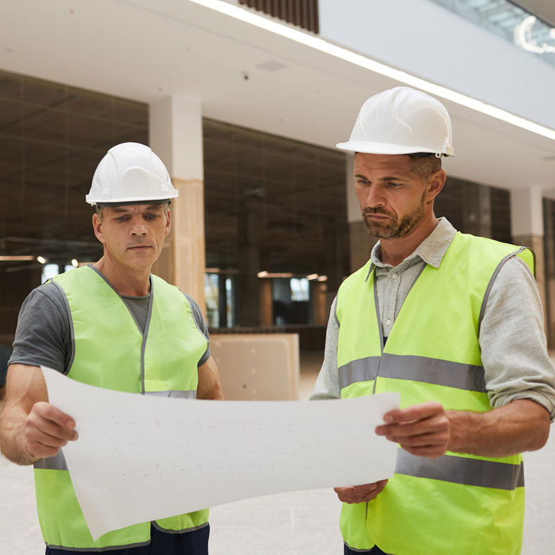 Deux hommes qui étudient un plan sur un chantier